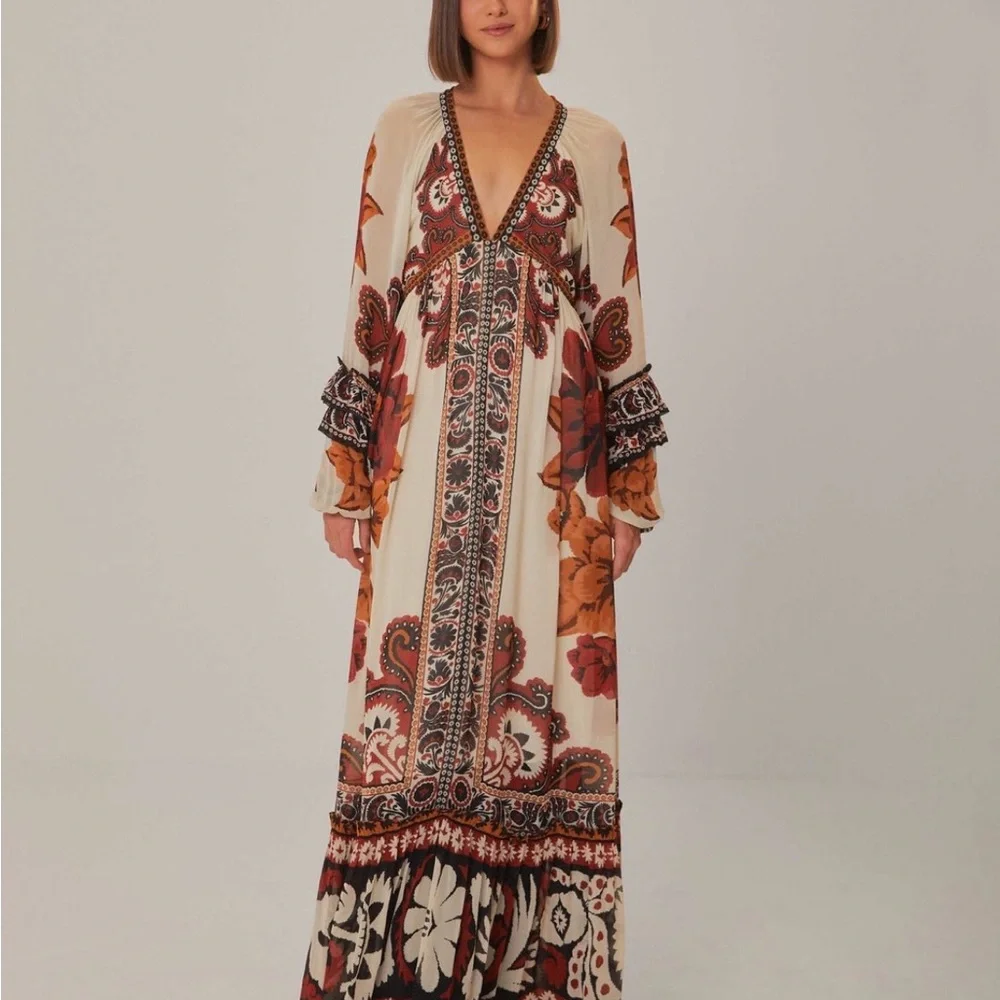 FARM Rio Cream Maxi Dress with Rust and Brown Floral Print - Picture 1 of 4